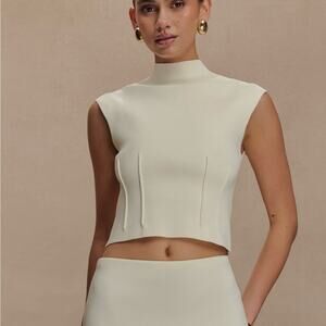 Meshki Romaine High Neck Bandage Knit Top (Ivory M) | Sculpted Minimalist Crop